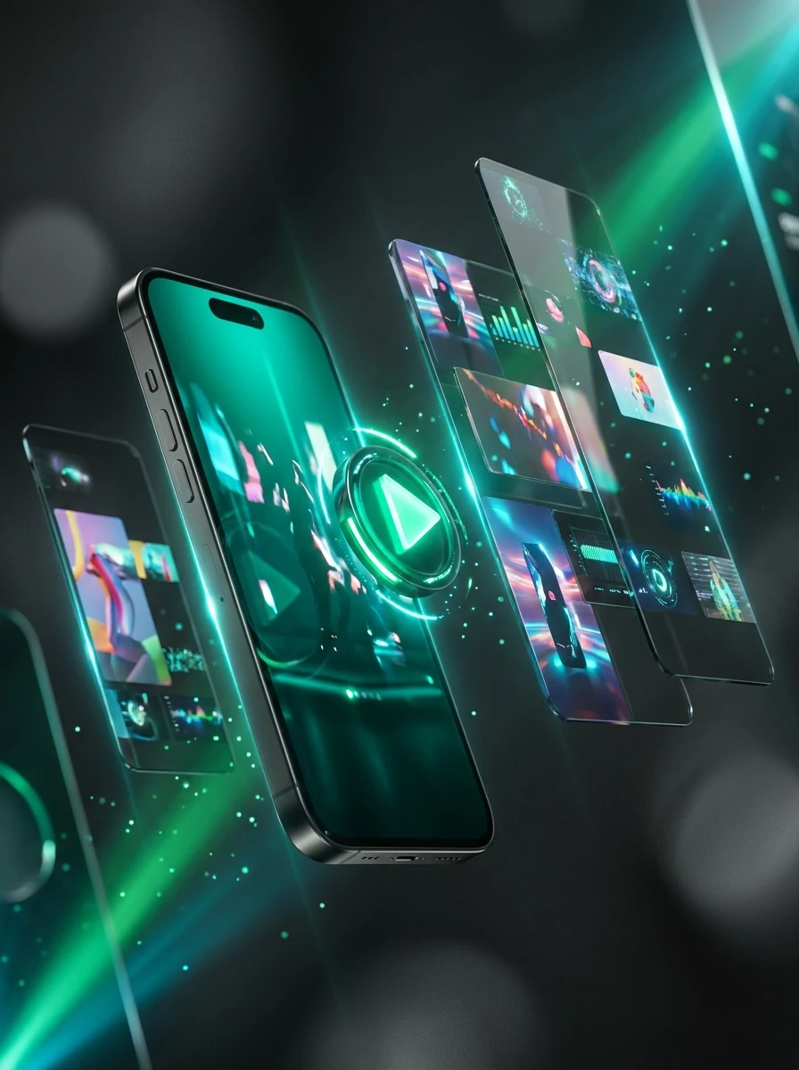 AI short video key visual — a smartphone with vertical video reels bursting outward in emerald light