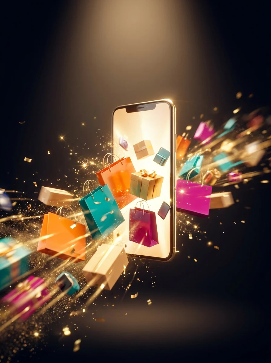 Dynamic e-commerce key visual — colourful products bursting out of a phone